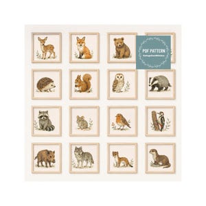 May include: A digital PDF pattern featuring a grid of sixteen square framed illustrations of woodland animals including a deer, fox, bear, hedgehog, squirrel, owl, badger, raccoon, mouse, robin, woodpecker, boar, wolf, weasel, and otter.