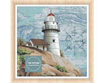 Lighthouse cross stitch pattern, sea scene cross stitch, printable pdf pattern, hand embroidery pattern, counted cross stitch