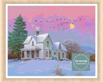 Snowy Cottage Cross Stitch Pattern, Winter Landscape Counted Cross Stitch, Moonlit Farmhouse, Christmas Needlework PDF, Digital Pattern