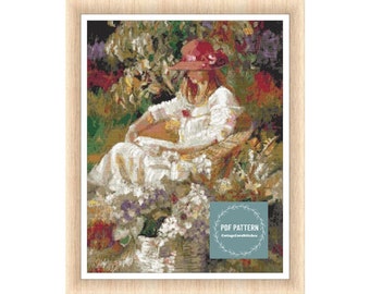 Girl in the red hat cross stitch pattern pdf, printable pdf pattern, instant download, Digital counted cross stitch chart