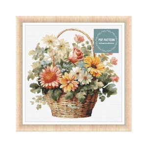 Flowers in Basket cross stitch, Cross Stitch Pattern Flowers, Instant Download PDF, Counted Cross Stitch, Embroidery Pattern, PDF Pattern