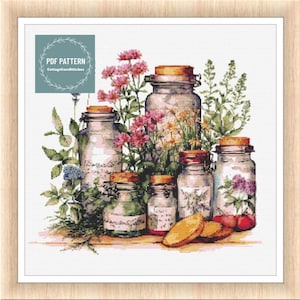 May include: A cross stitch pattern featuring a collection of six glass jars filled with dried herbs and flowers. The jars are arranged in a row on a wooden surface. The jars are labelled with handwritten text. The pattern is in a vintage style.