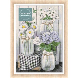 Flowers in Mason Jars, cross stitch patterns pdf, printable pdf pattern, Cross Stitch Chart, instant download, Digital counted cross stitch