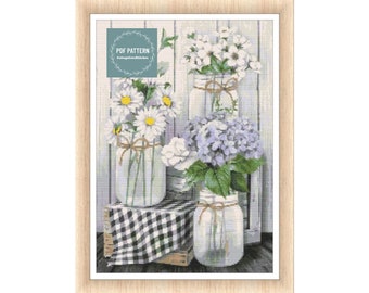 Fleurs dans des pots Mason, modèles de point de croix pdf, modèle pdf imprimable, grille de point de croix, téléchargement immédiat, point de croix numérique compté