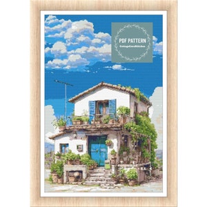 Greek house Mykonos Cross Stitch Pattern Greece, Instant Download PDF, Counted Cross Stitch, Embroidery Pattern, Digital PDF Pattern, Greek