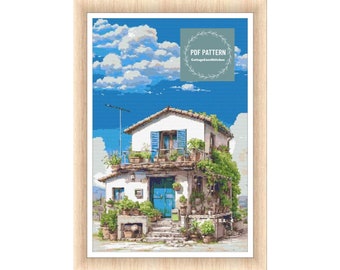 Maison grecque Mykonos, modèle de point de croix, Grèce, téléchargement immédiat au format PDF, point de croix compté, motif de broderie, modèle PDF numérique, grec