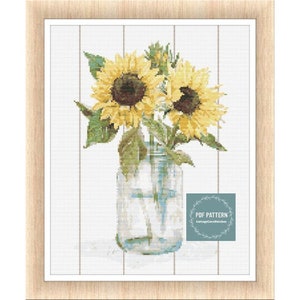 Sunflowers in a jar cross stitch pattern, farmhouse pdf pattern, instant download, Digital counted cross stitch chart, embroidery