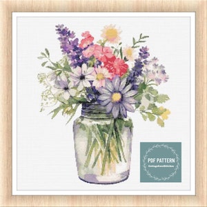 Flowers in Mason Jar, kruissteekpatronen pdf, afdrukbaar pdf-patroon, kruissteekkaart, instant download, digitale getelde kruissteek