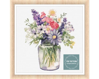 Flowers in Mason Jar, cross stitch patterns pdf, printable pdf pattern, Cross Stitch Chart, instant download, Digital counted cross stitch