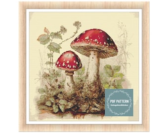 Mushrooms and wildflowers cross stitch pattern, printable pdf pattern, Cross Stitch Chart, instant download, Digital counted cross stitch