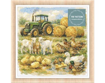 Country living cross stitch pattern, farmhouse pdf pattern, instant download, Digital counted cross stitch chart, farm animals cross stitch