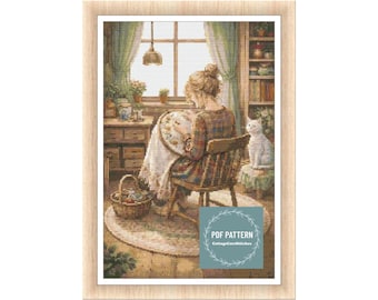 Stitching Girl cross stitch pattern pdf, printable pdf pattern, Cross Stitch Chart, instant download, Digital counted cross stitch