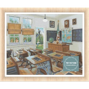 Puede incluir: Una escena de aula vintage con escritorios y sillas de madera, una pizarra con un mapa del mundo y un globo terráqueo en un escritorio. El aula está decorada con una bandera estadounidense y un letrero que dice "Leer es mi superpoder".
