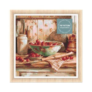 May include: A kitchen still life painting featuring a bowl of cherries, a rolling pin, and a jar. The bowl is green with a floral pattern. A small plate of cherries and a checkered cloth are also present.