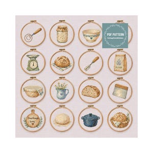 Puede incluir: Una colección de dieciséis patrones de punto de cruz dispuestos en una cuadrícula, cada uno enmarcado en un bastidor de madera. Los diseños muestran artículos de panadería y masa madre como un frasco, tazón, báscula, bolsa de harina, pan y una olla. El texto dice PDF PATTERN CottageCareStitches.