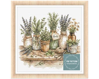 Erbe aromatiche in barattolo ed erbe essiccate schema punto croce pdf, schema pdf stampabile, schema punto croce, download immediato, schema digitale