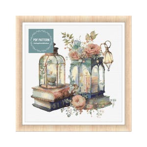 Shabby Chic Antique Floral Lantern Cross Stitch Pattern Flowers, Instant Download PDF, Counted Cross Stitch, Embroidery Pattern, PDF Pattern