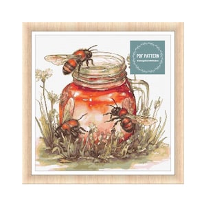 Bee cross stitch pattern PDF - digital download - insect honey bee floral nature embroidery - farmhouse pdf pattern - counted cross stitch