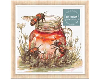 Bee cross stitch pattern PDF - digital download - insect honey bee floral nature embroidery - farmhouse pdf pattern - counted cross stitch