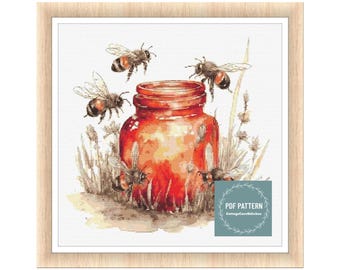 Bee cross stitch pattern PDF - digital download - insect honey bee floral nature embroidery - farmhouse pdf pattern - counted cross stitch