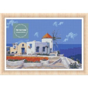 Greek Island Cross Stitch Pattern, Instant Download, Counted Cross Stitch, Embroidery Pattern, Digital Pattern pdf, Mykonos cross stitch