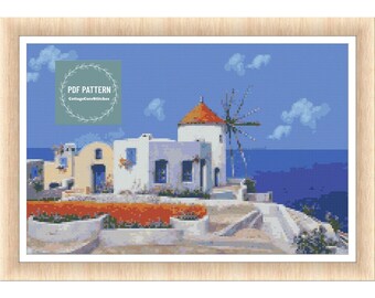 Greek Island Cross Stitch Pattern, Instant Download, Counted Cross Stitch, Embroidery Pattern, Digital Pattern pdf, Mykonos cross stitch