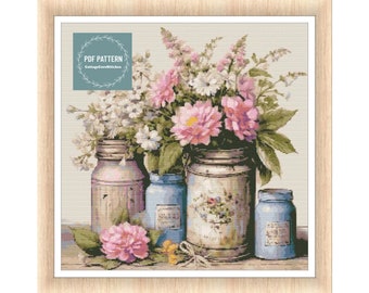 Flowers in Cans, cross stitch patterns pdf, printable pdf pattern, Cross Stitch Chart, instant download, Digital counted cross stitch