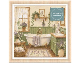 Vintage Bathroom Cross stitch pattern pdf, printable pdf pattern, instant download, Digital counted cross stitch chart, cozy cross stitch