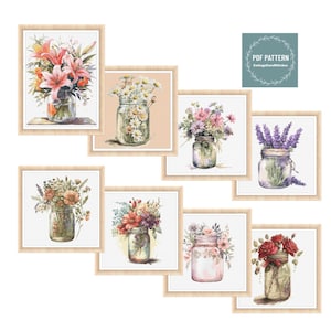 Kruissteekpatroon BUNDEL, Flowers in Mason Jar, afdrukbaar pdf-patroon, kruissteekkaart, instant download, digitale getelde kruissteek
