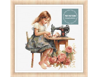 Vintage naaimeisje kruissteekpatroon pdf, afdrukbaar pdf-patroon, kruissteekkaart, instant download, digitale getelde kruissteek