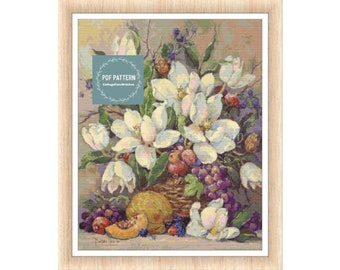Inspiration magnolia, modèle de point de croix pdf, modèle pdf imprimable, grille de point de croix, téléchargement immédiat, point de croix numérique compté