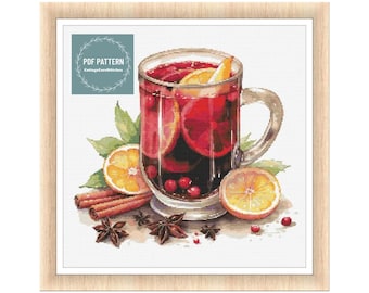 Cup of Mulled Christmas Wine cross stitch pattern, winter pdf pattern, instant download, counted cross stitch chart, hand embroidery