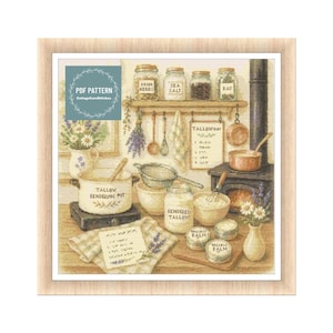 May include: A framed illustration of a rustic kitchen scene. Jars labeled "Dried Herbs," "Sea Salt," and "Bay" sit on a shelf. A pot labeled "Tallow Rendering Pot" is on a burner. The text "Tallow Day" is on a hanging sign. A small vase holds flowers.