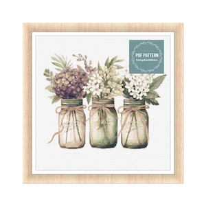 Flowers in Mason Jars, kruissteekpatronen pdf, afdrukbaar pdf-patroon, kruissteekkaart, instant download, digitale getelde kruissteek