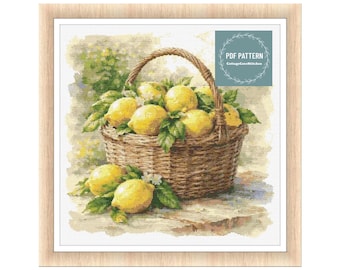 Basket of Lemons Cross Stitch Pattern, Cottagecore Embroidery (PDF Pattern), Cross Stitch Chart, Digital counted cross stitch