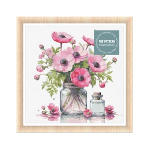 Flowers in Mason Jar, kruissteekpatronen pdf, afdrukbaar pdf-patroon, kruissteekkaart, instant download, digitale getelde kruissteek