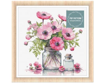 Anemones in Mason Jar Cross Stitch Pattern (PDF Pattern),Flowers cross stitch pattern, printable pdf, instant download, counted cross stitch