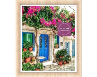 Maison grecque Mykonos, modèle de point de croix, Grèce, téléchargement immédiat au format PDF, point de croix compté, motif de broderie, modèle PDF numérique, grec