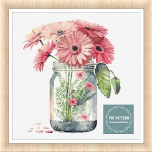 Flowers in Mason Jar, kruissteekpatronen pdf, afdrukbaar pdf-patroon, kruissteekkaart, instant download, digitale getelde kruissteek