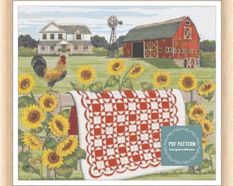 May include: A red and white quilt pattern with a scalloped edge is draped over a fence post in front of a red barn, a white farmhouse, and a windmill.  Sunflowers are in bloom in the foreground.  The text "PDF PATTERN CottageCoreStitches" is in a white circle with a green wreath.