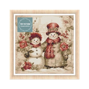 Vintage Snowmen in Winter Scenery cross stitch pattern, instant download, counted cross stitch chart, hand embroidery, needlepoint pattern