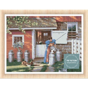 Cross stitch pattern country barn, Counted cross stitch pattern, Hand embroidery pattern, PDF cross stitch chart, Cross stitch, PDF Pattern