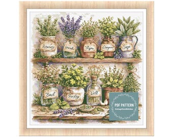 Kitchen herbs in jars and drying herbs cross stitch pattern pdf, printable pdf pattern, Cross Stitch Chart, instant download,digital pattern