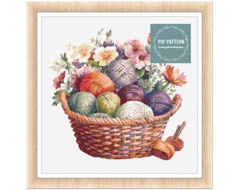 Victorian Knit Basket, cross stitch patterns pdf, printable pdf pattern, Cross Stitch Chart, instant download, Digital counted cross stitch