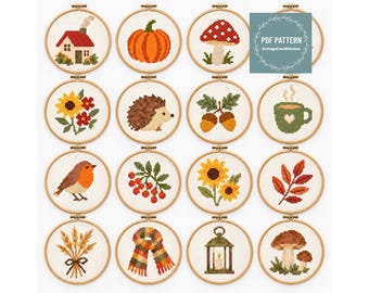Autumn Cross Stitch Pattern MINI Bundle, Beginner Friendly, Pumpkin Mushroom Hedgehog Sunflower Bird Acorn Cottage,16 Cute Seasonal Patterns