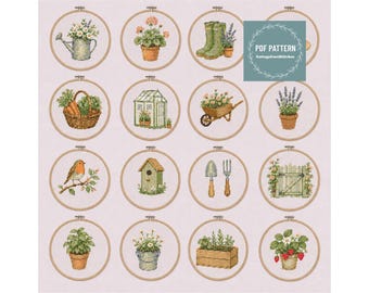 Garden Cross Stitch Bundle, 16 Mini Floral Cross Stitch Patterns, Botanical Cross Stitch, Cottage Garden Needlework, Instant Download