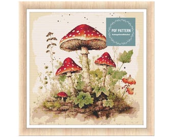 Mushrooms and wildflowers cross stitch pattern, printable pdf pattern, Cross Stitch Chart, instant download, Digital counted cross stitch