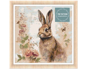 Shabby Chic Hare with Flowers cross stitch pattern, Counted cross stitch pattern, embroidery pattern, PDF cross stitch chart, PDF Pattern