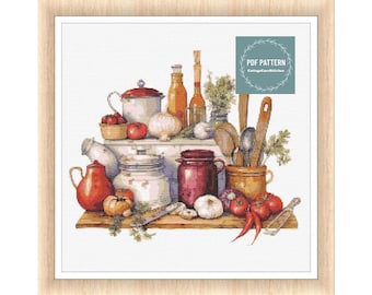 Cross stitch pattern pdf Cottagecore kitchen, printable pdf pattern, instant download, Digital counted cross stitch chart, cozy cross stitch