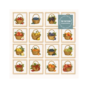 May include: A collection of sixteen cross-stitch patterns featuring various fruits in woven baskets, including strawberries, blueberries, grapes, apples, pears, plums, peaches, lemons, oranges, blackberries, and pomegranates. Text reads PDF PATTERN.